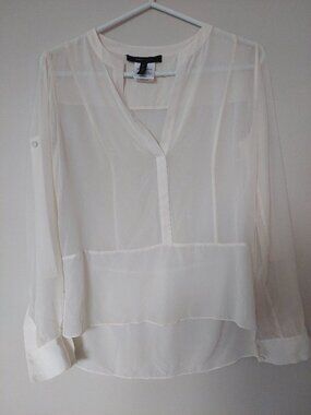 BCBGMAXAZRIA Women's XS 100% Silk Semi-sheer Long-sleeve Blouse Roll Arm